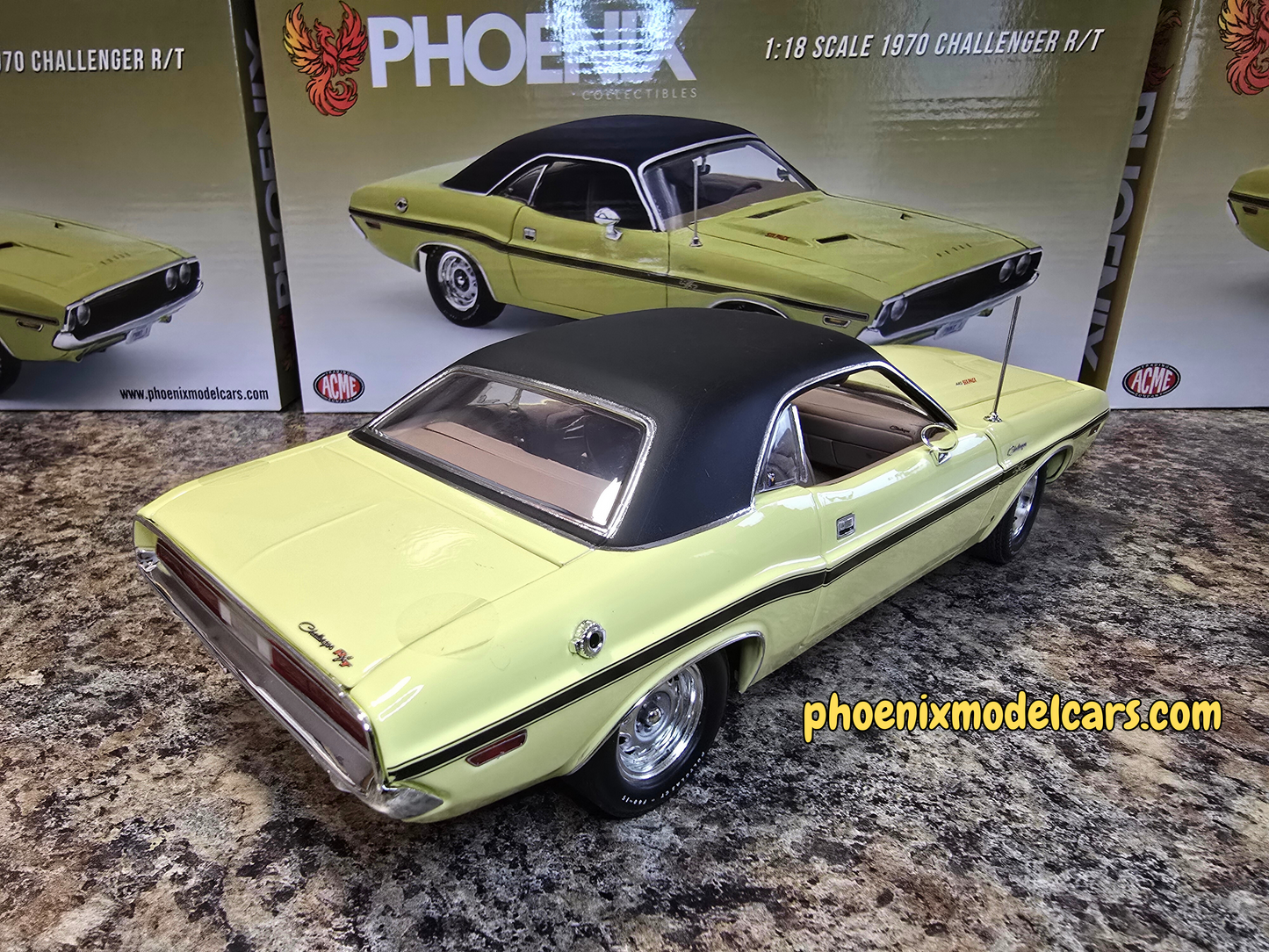 Phoenix Collectibles #1: 1970 Dodge Challenger DY2 Sunfire Yellow w/ Black Vinyl Top Coupe
